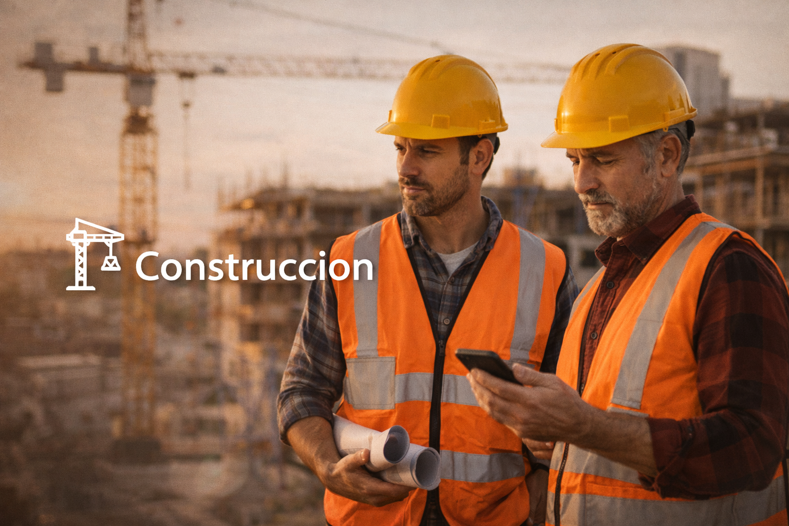 Construction workers at sunset site