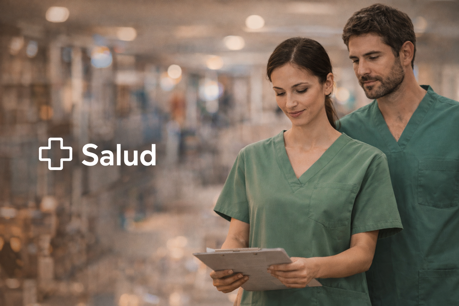 Healthcare professionals in hospital corridor